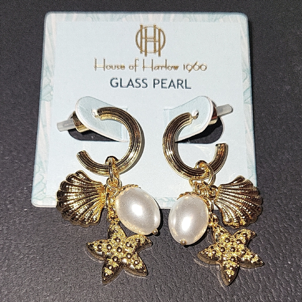 House of Harlow 1960 Gold Starfish, Shell & Pearl Drop Earrings Te TL